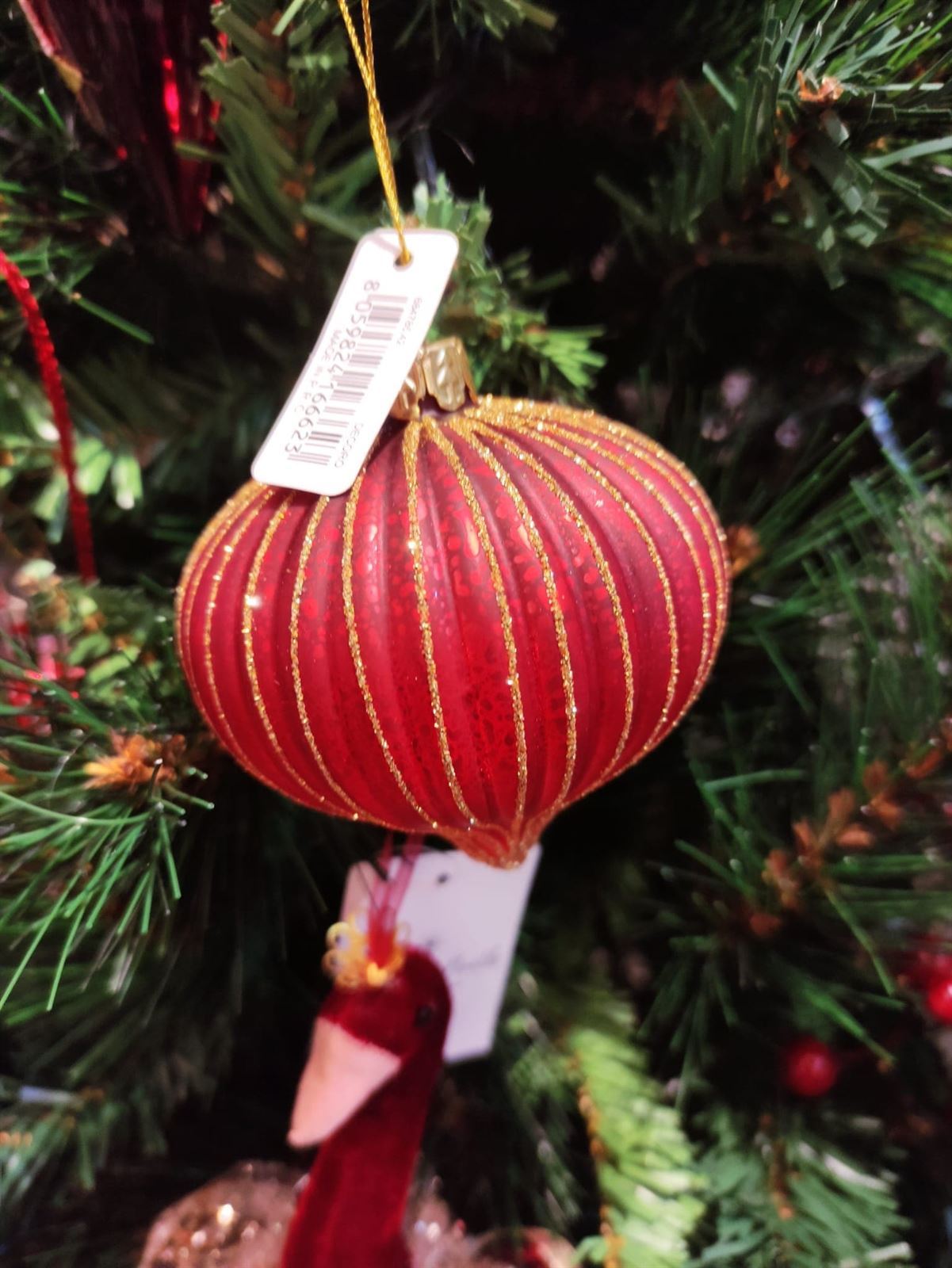Bola árbol de Navidad roja con purpurina dorada - Imagen 1
