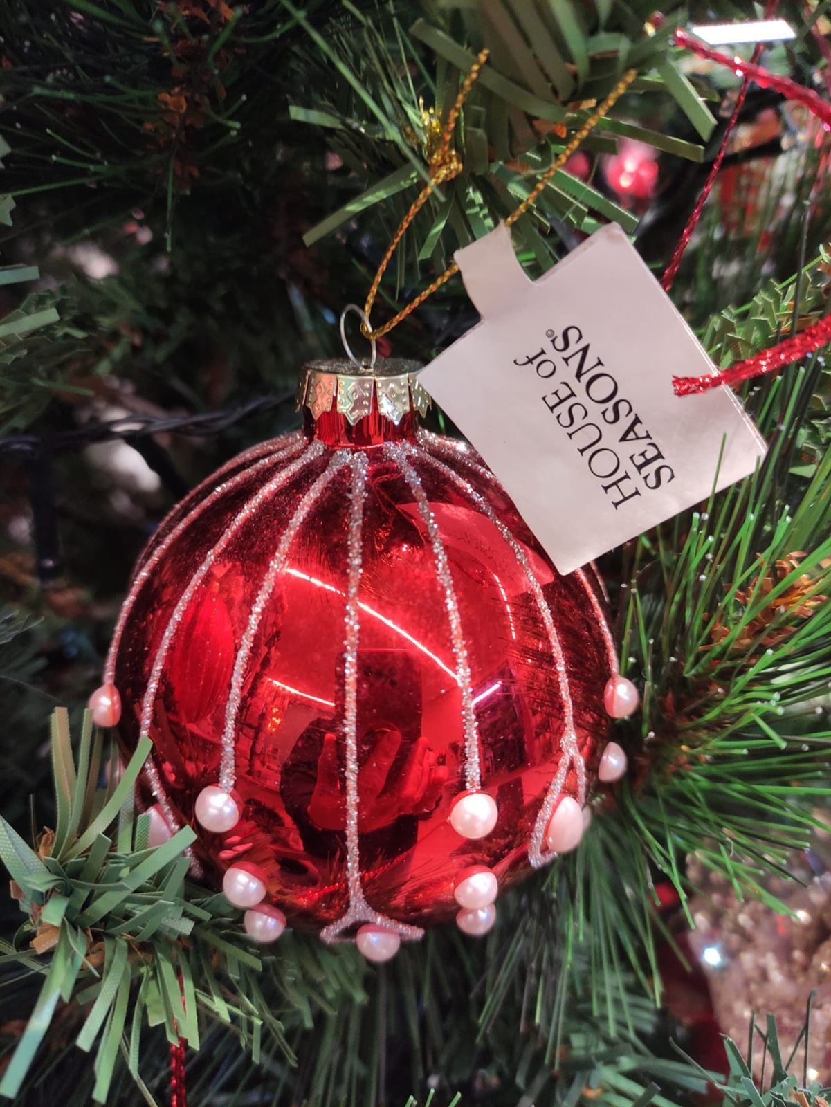 Bola roja brillante cristal con perlas árbol de Navidad - Imagen 1